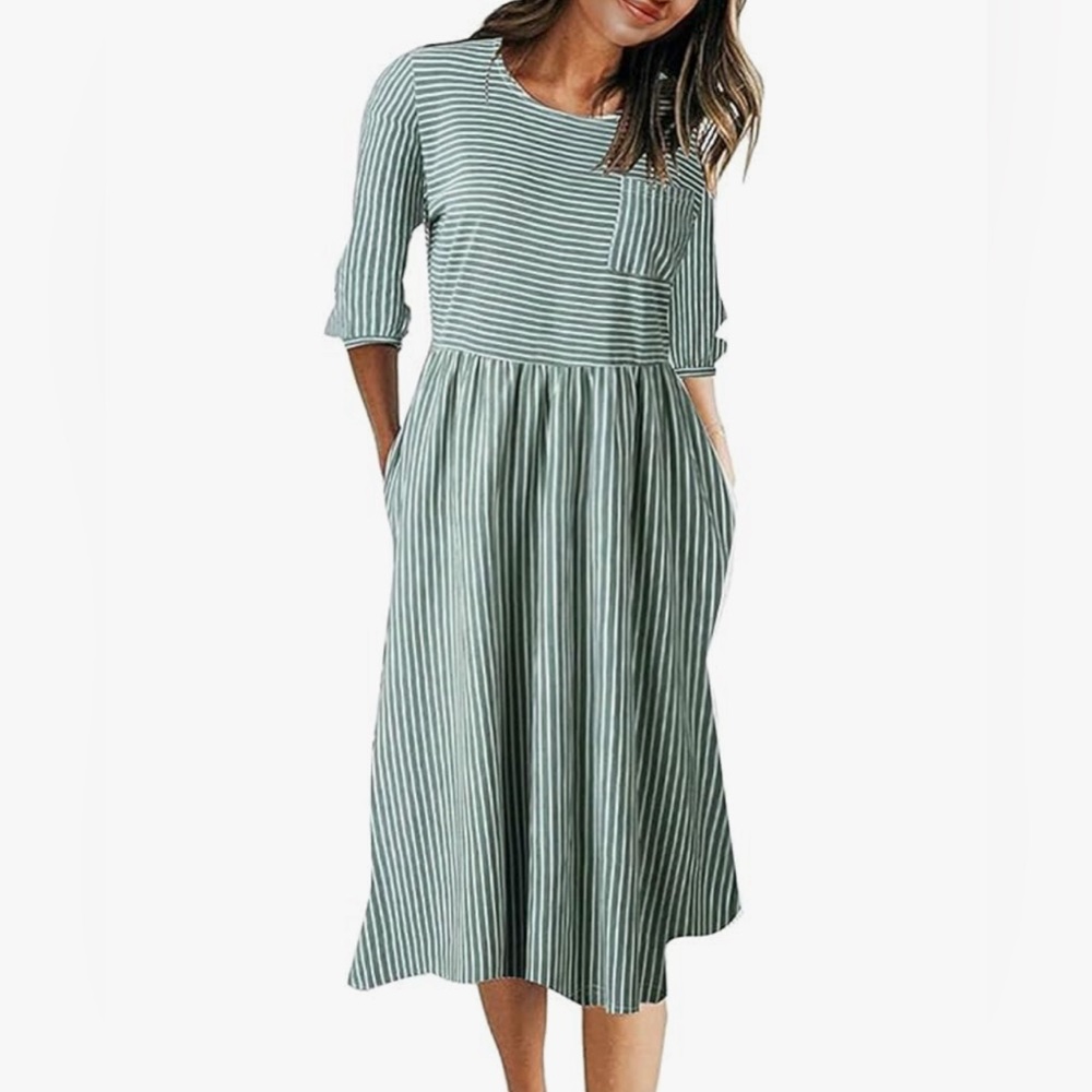 3/4 Balloon Sleeve Striped High Waist T Shirt Midi Dress with Pockets